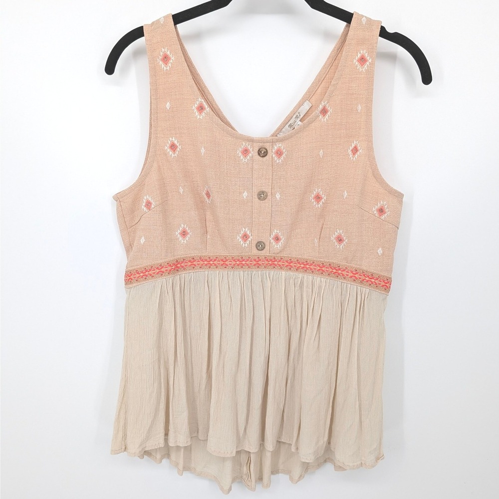 Miss Me Tank‎ Top Womens Small Tan Peach Boho Embroidered Peplum Boho Western